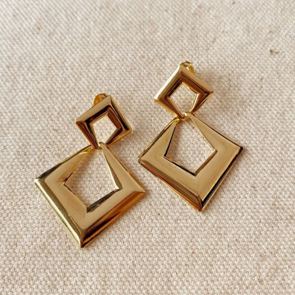 18K Gold Filled Double Diamond Shape Dangling Earrings